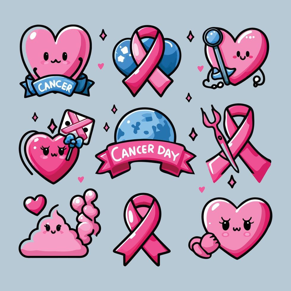 World Cancer Awareness Symbols. Vector Set of Cute Cartoon Stickers