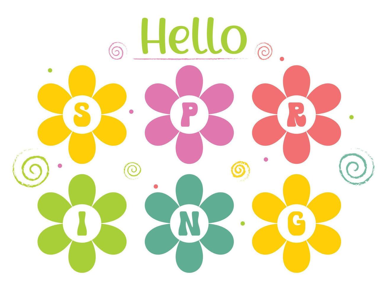 Hello, Spring Lettering with Colorful Flowers. Vector Illustration.