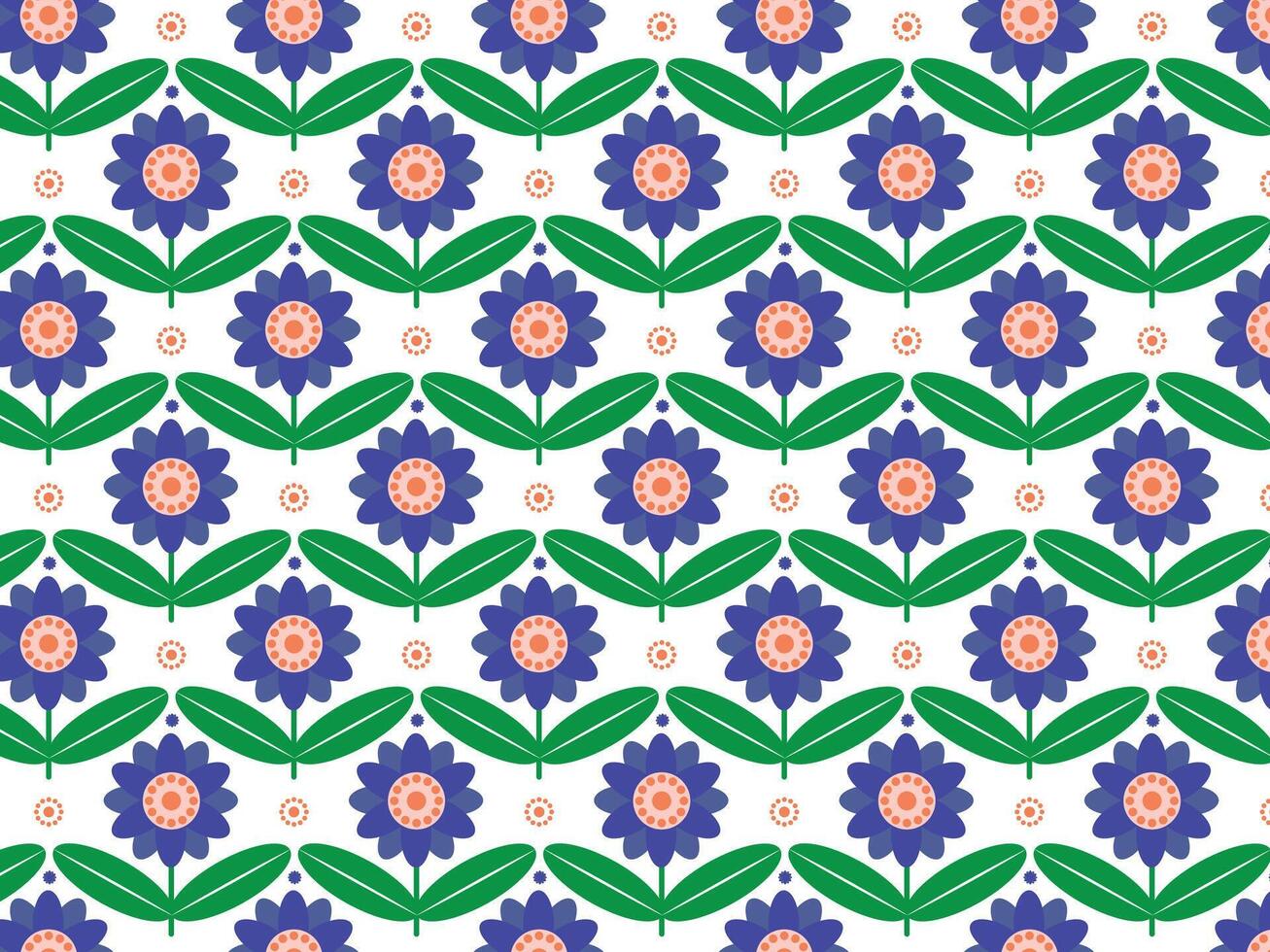 Seamless pattern with blue flowers and green leaves on a white background vector