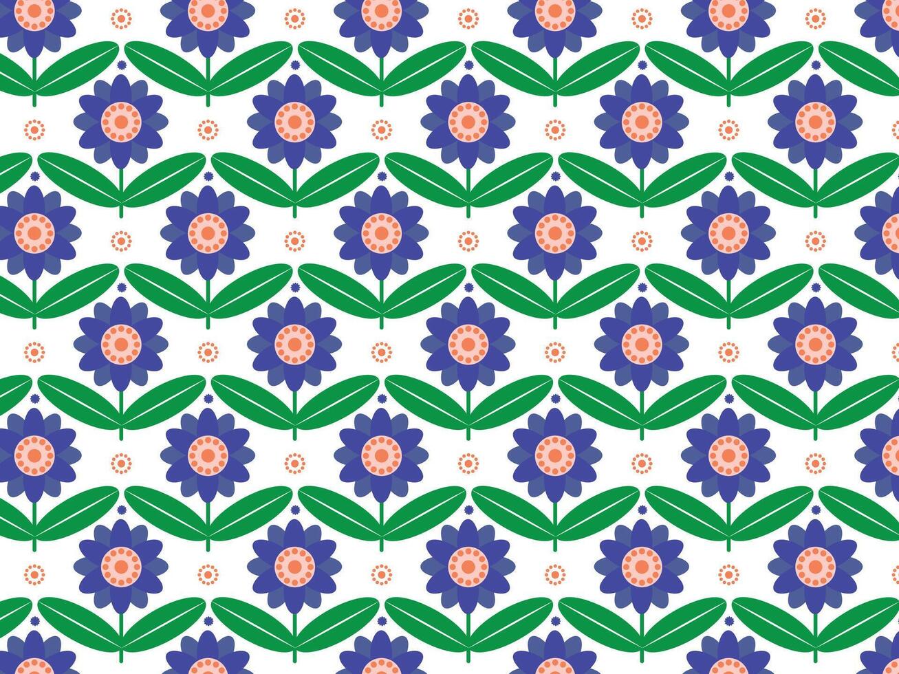 Seamless pattern with blue flowers and green leaves on a white background vector