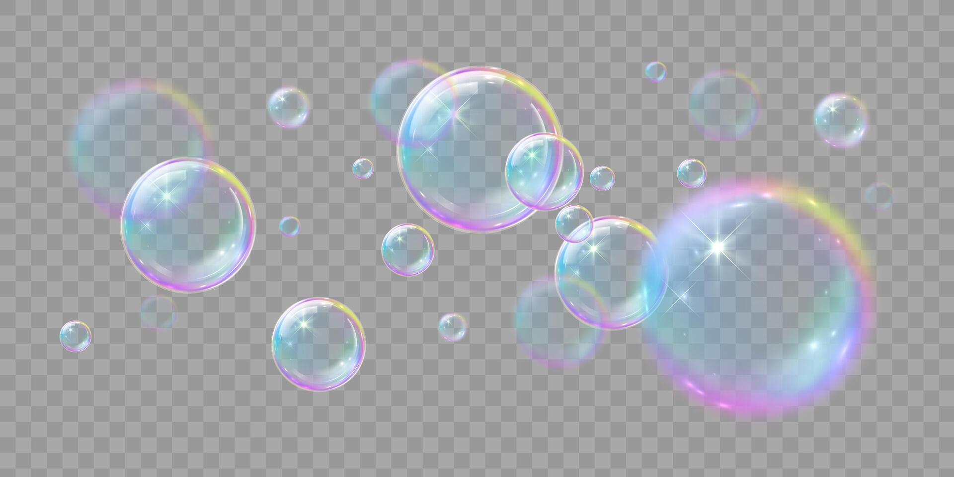 Soap bubbles, illustrations of realistic transparent soap bubbles on transparent cut out background vector