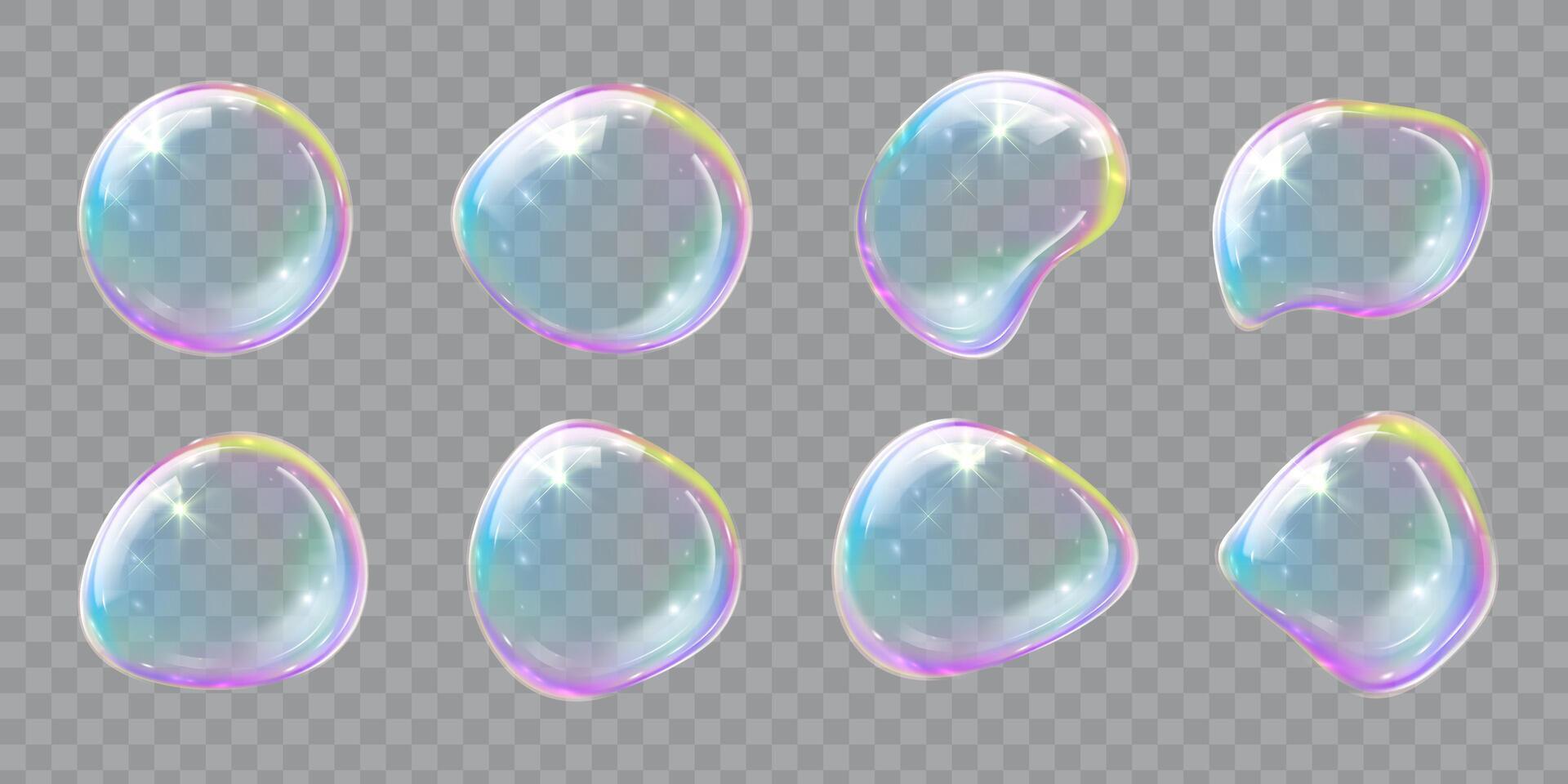 Soap bubbles, set of illustrations of realistic transparent soap bubbles on transparent cut out background vector