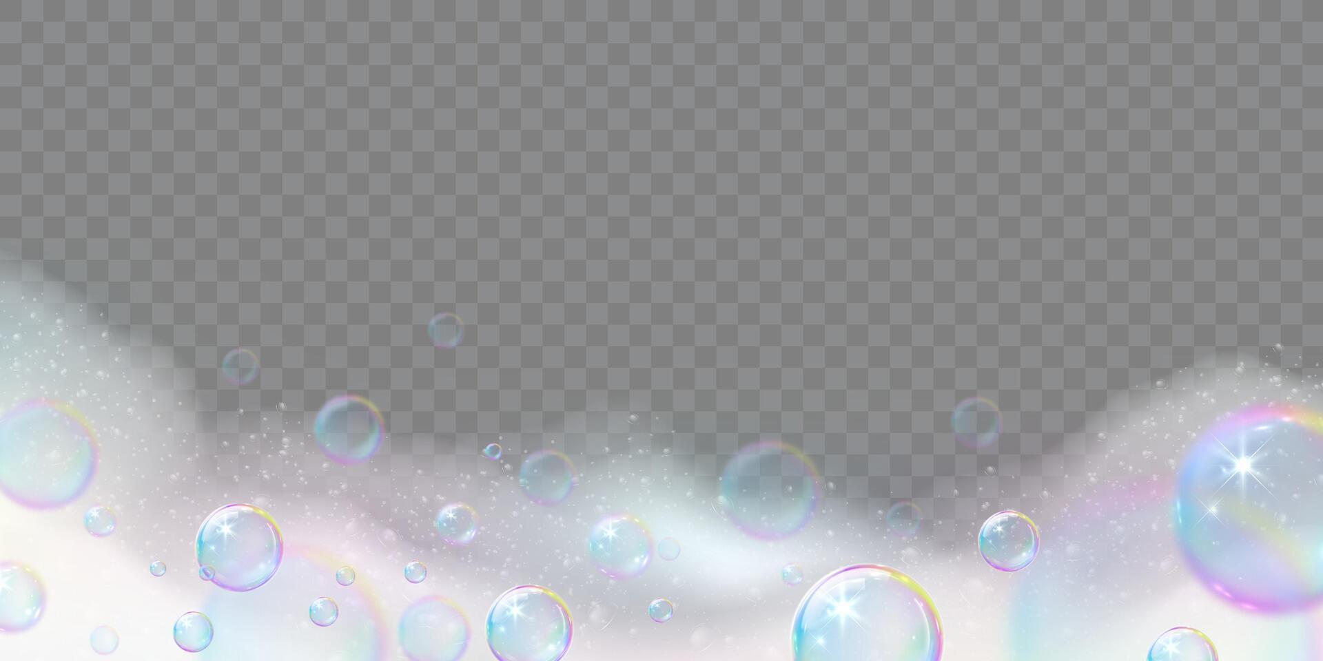 realsoap suds, realistic rainbow airy soap foam with bubbles on transparent cut out background vector