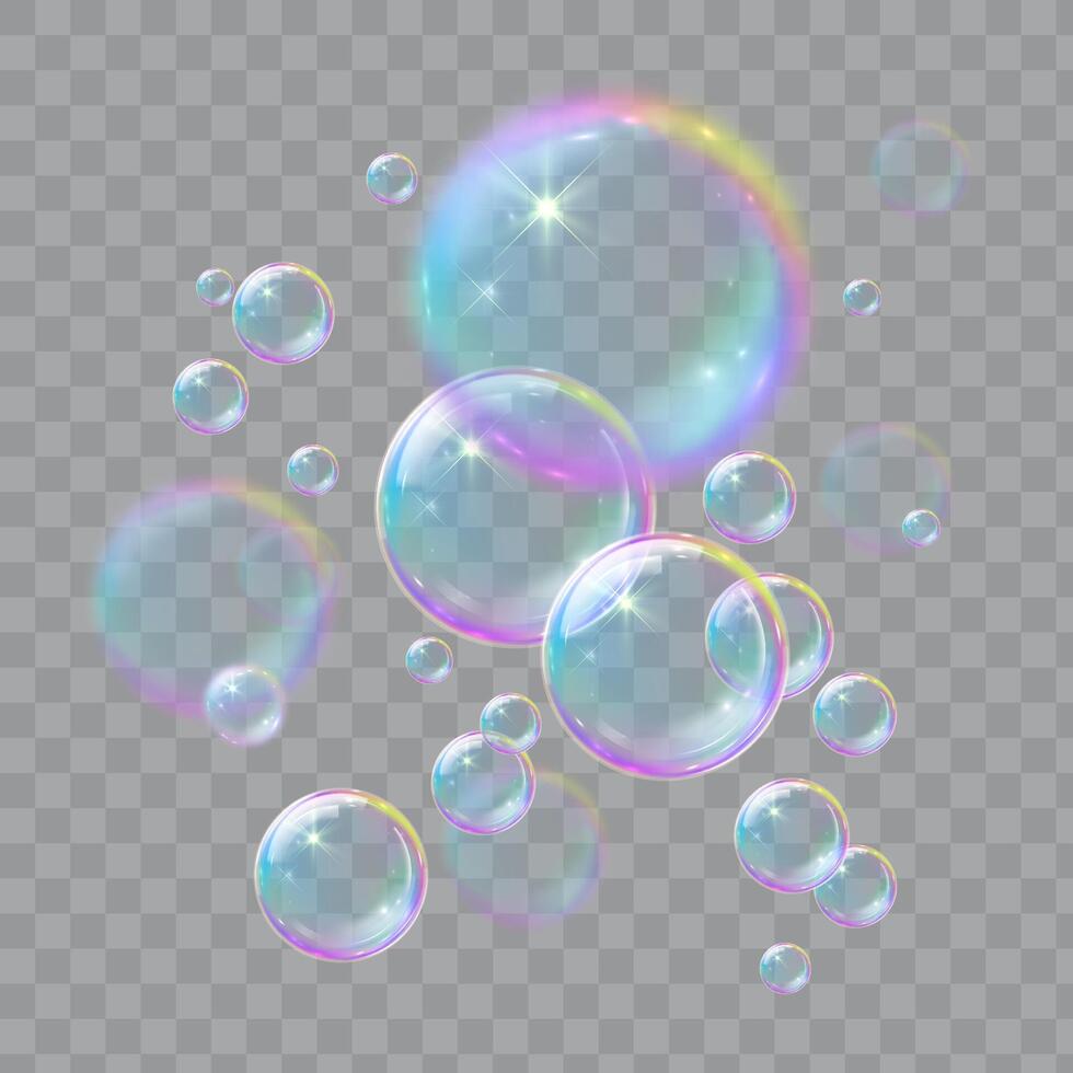 Soap bubbles, illustrations of realistic transparent soap bubbles on transparent cut out background vector