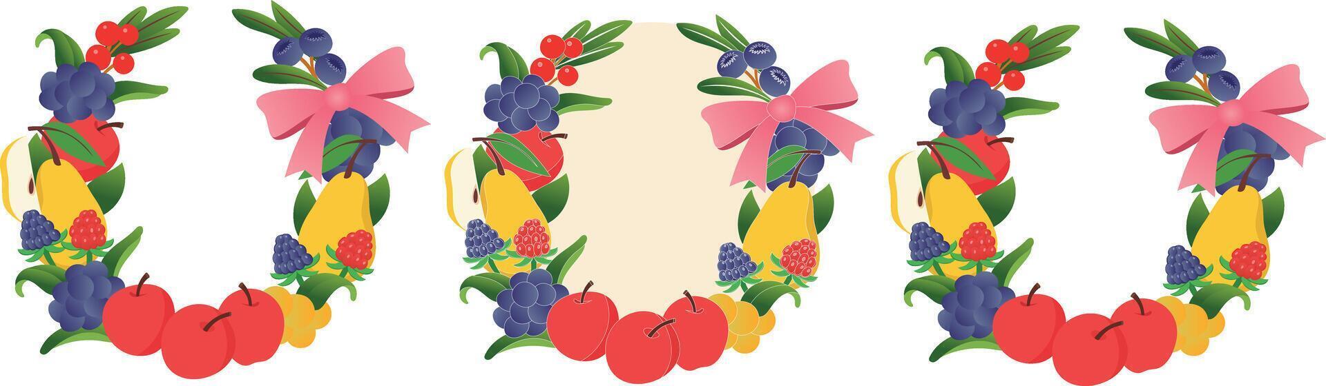 Vector fruit and berry wreath with leaves. Design for juice, tea, ice cream, jam, natural cosmetics, sweets and pastries filled with fruit, dessert menu, health care products. With place for text.