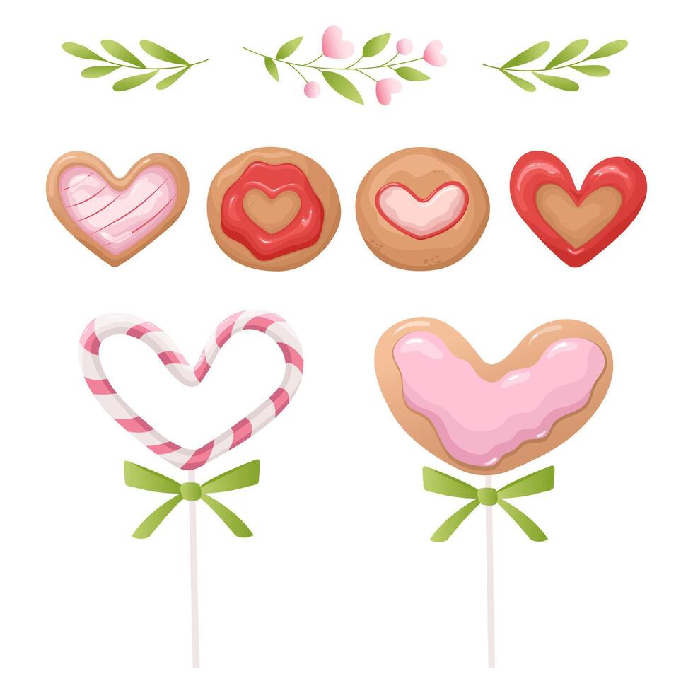 Candy and cookies in the shape of a heart. Sweets for valentine's day. vector