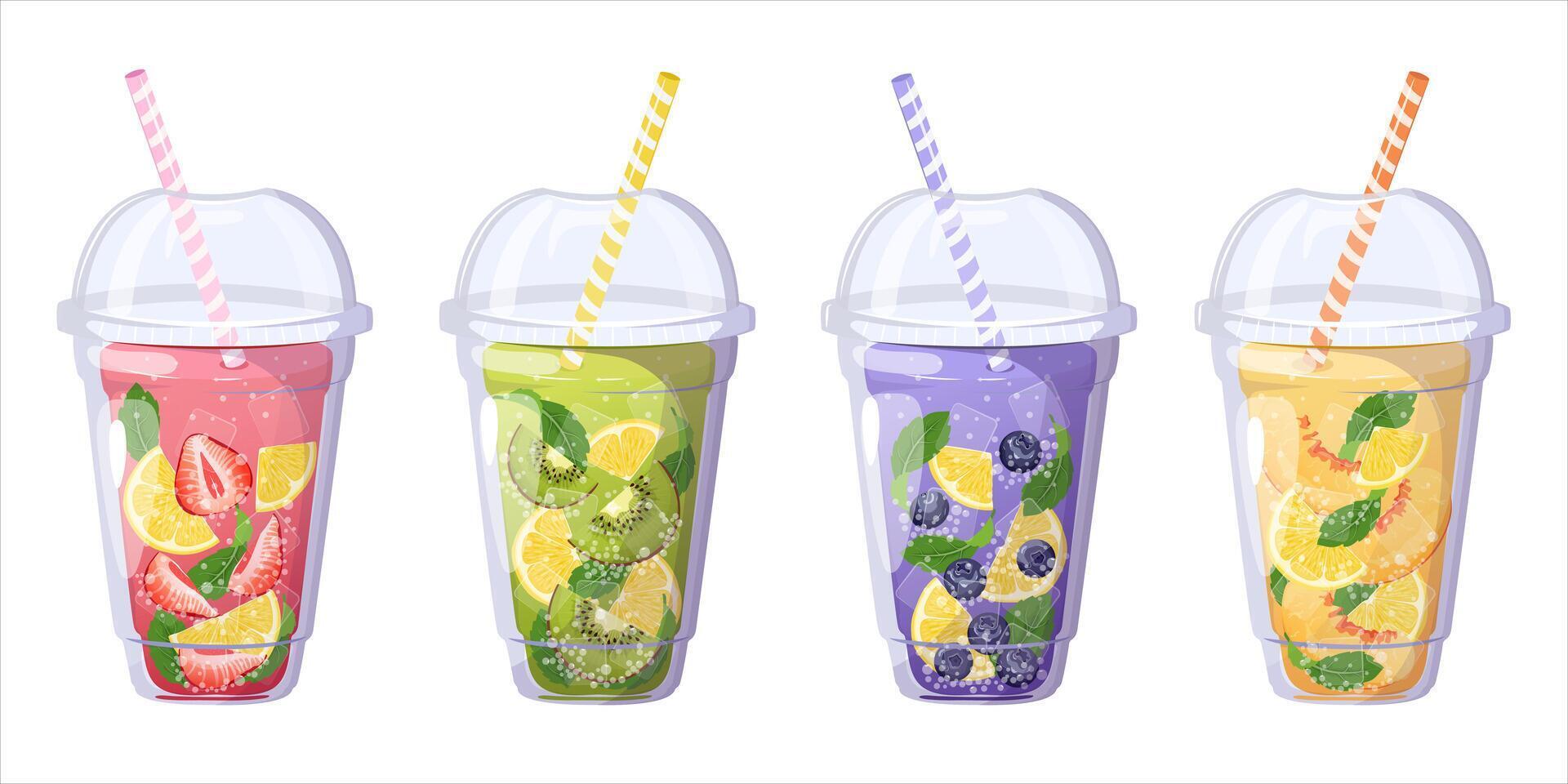 Set with fruits lemonades. Summer refreshing drinks in plastic cup. vector