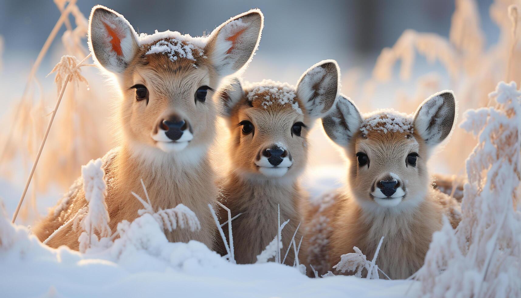 AI generated Cute young deer playfully looking at camera in snowy meadow generated by AI photo