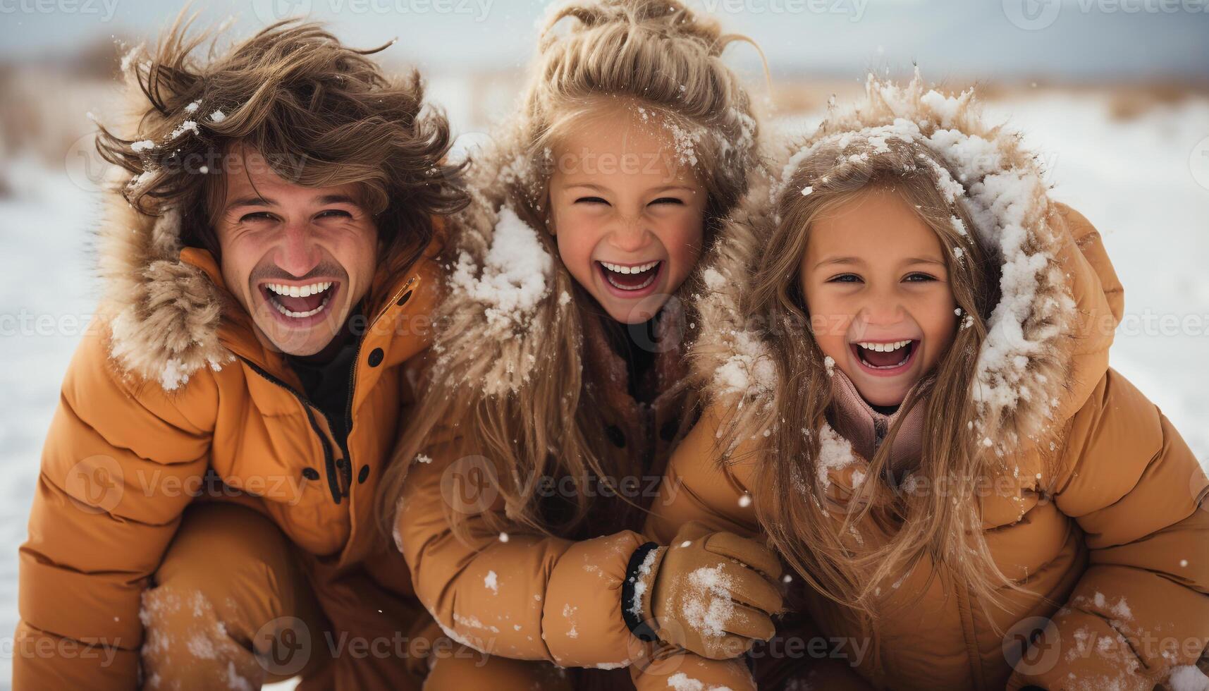 Smiling winter happiness outdoors, cheerful fun in the snow generated by AI photo