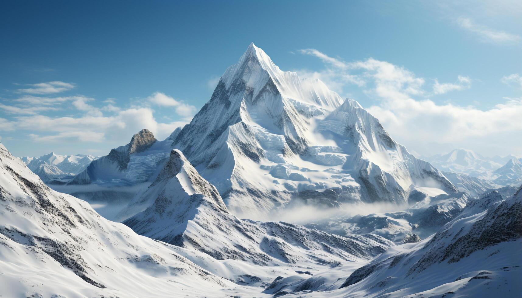 AI generated Majestic mountain peaks, tranquil snow covered landscape, perfect for adventure generated by AI photo