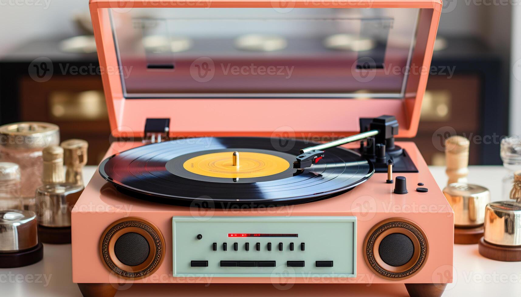 AI generated Old fashioned gramophone turning on a wooden table at a party generated by AI photo