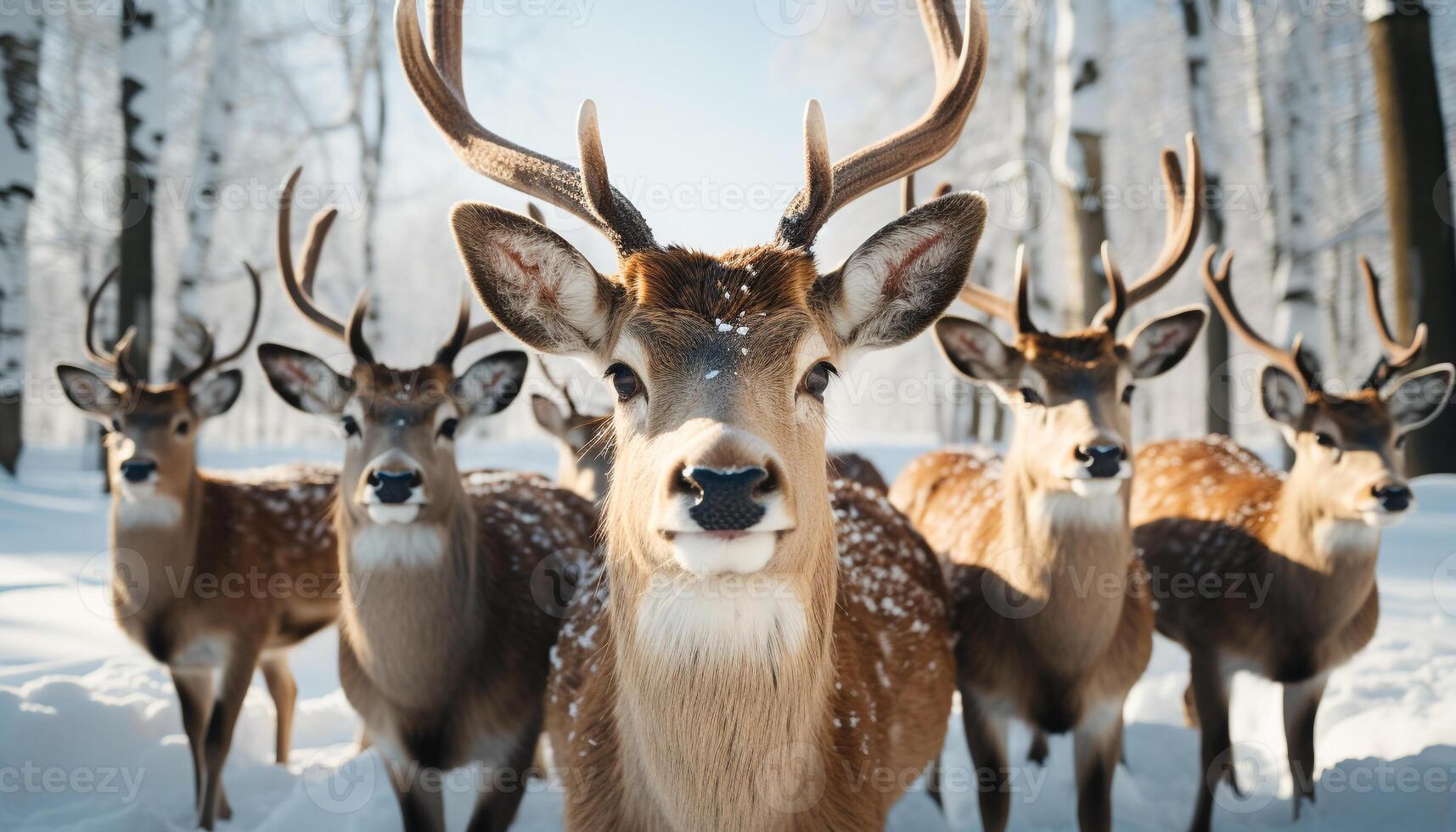 AI generated A cute deer stands in the snowy forest, looking at camera generated by AI photo