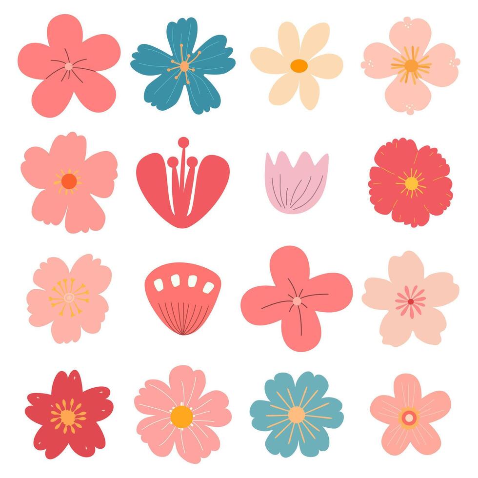 aislado conjunto con linda primavera flores en plano estilo. diseño para tela, embalaje, textiles, fondo de pantalla vector
