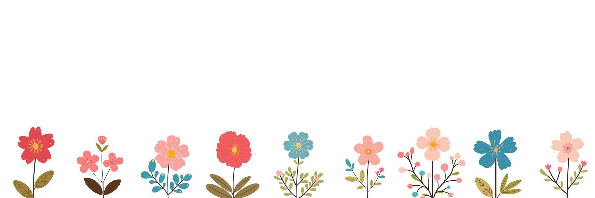 planta composición con texto espacio, hermosa floral marco. mano dibujado flores bandera. mano dibujado plano estilo vistoso vector ilustración.