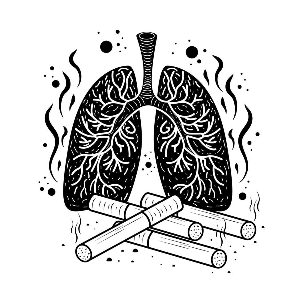 Lungs in nicotine smoke. World No Tobacco Day. Doodle vector