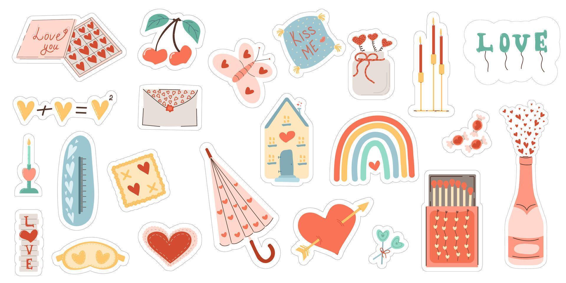 Bright excellent stickers for Valentine's Day. Various romantic items. Heart, champagne, candles, umbrella, pillow, butterfly, berries, envelope vector