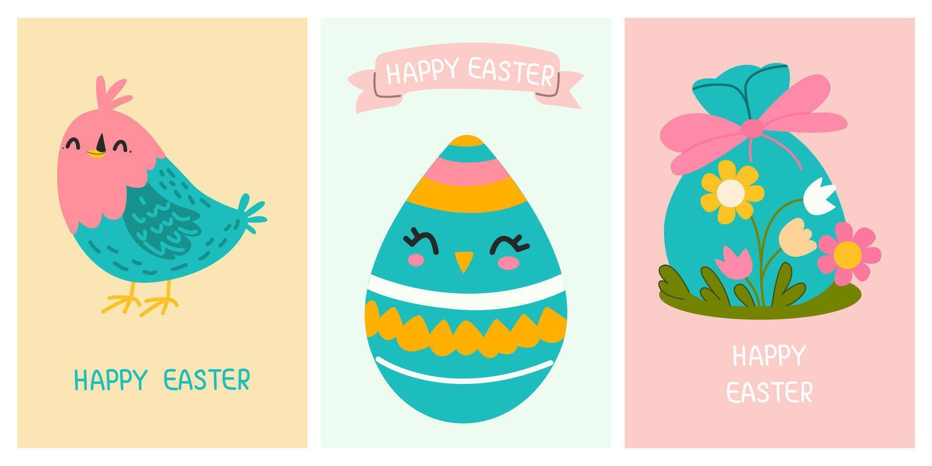 Greeting cute cards for the Easter holiday. Bird, cute bag, Easter egg. For posters, cards, scrapbooking, stickers vector