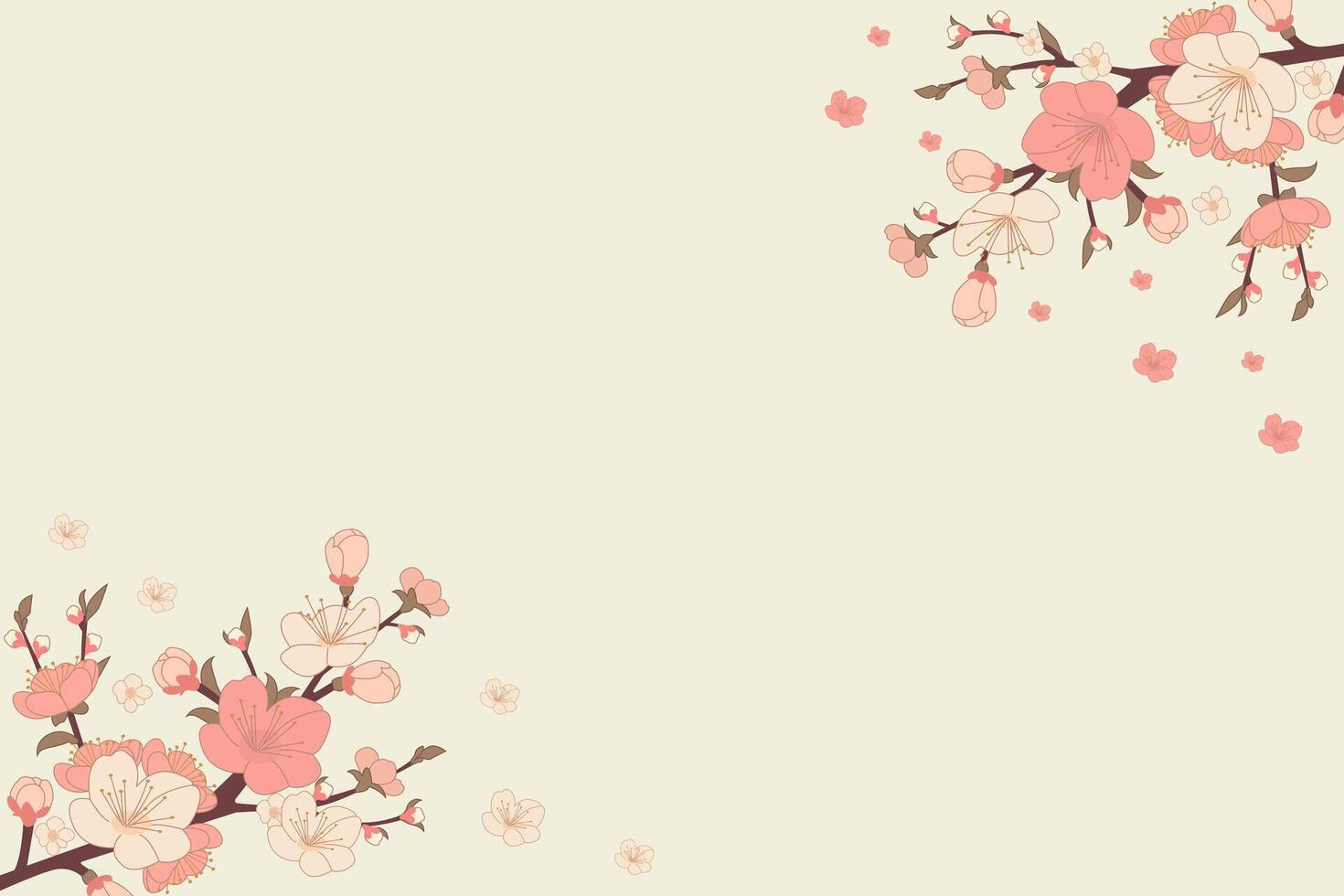 Blossom of peach branches. Japanese flowering trees, peach blossoms, spring decor Vector illustration. Banner