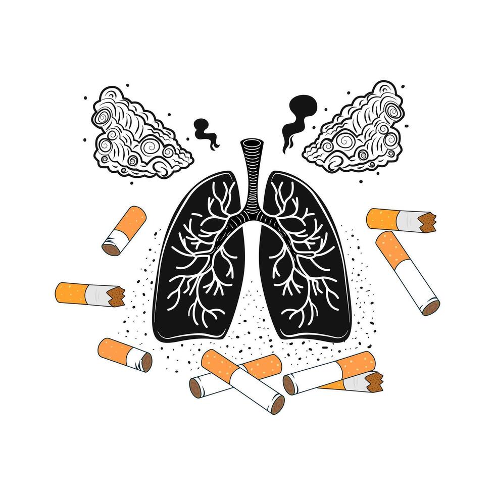Smoker's lungs. Toxic effects of cigarette tobacco. Concept of quitting smoking. World No Tobacco Day vector