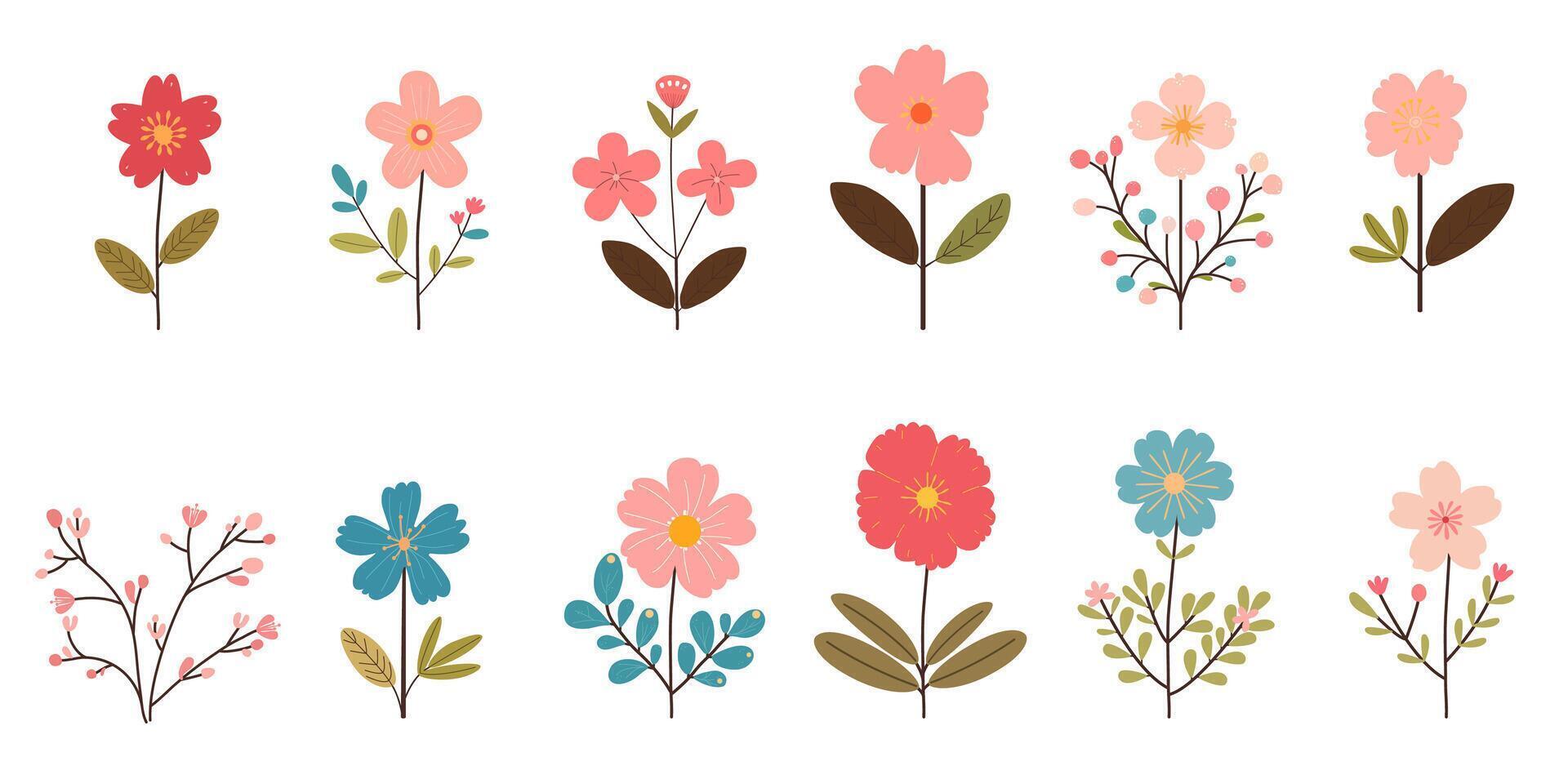 Set of collection of cute flowers in pastel colors Set of flat flowers. Vector