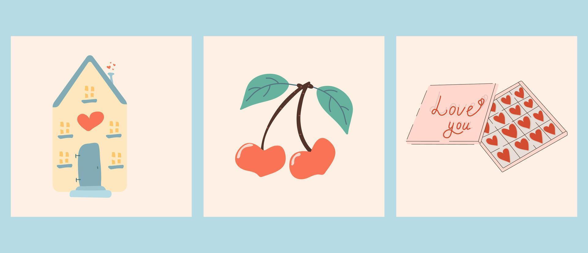 A set of cute cards for Valentine's Day. For a website. Valentine's Day. Trendy and minimalistic posters with inscriptions and drawn illustrations about Valentine's Day, holiday, celebration. vector