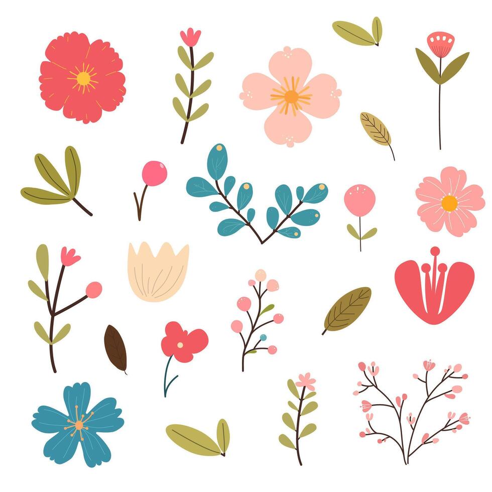 Set of hand-drawn flora. Flowers, leaves, buds, stamens. Vector illustrations