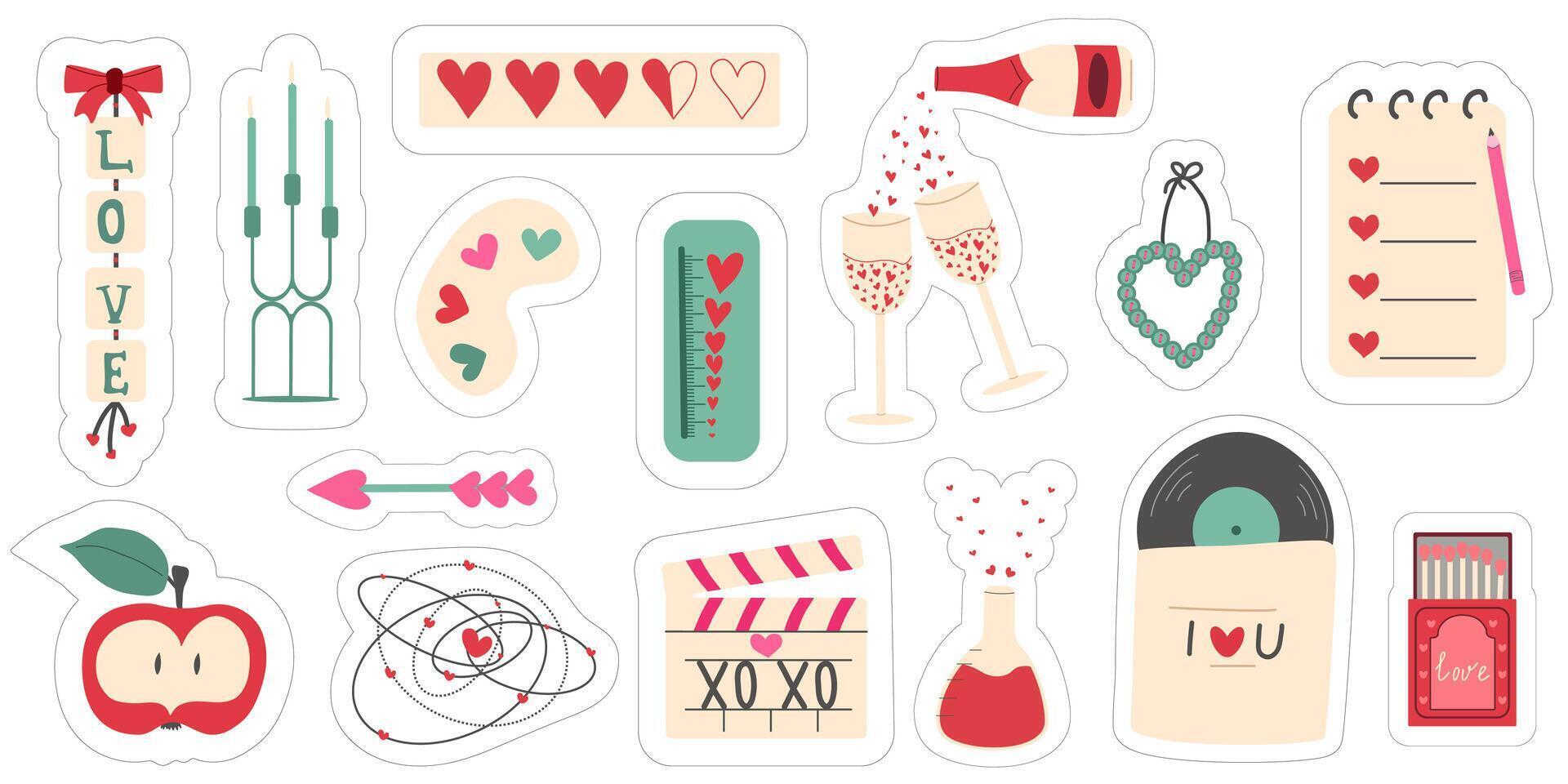 Set of stickers with Valentine's Day elements. Cute romantic vector. Cartoon style. vector