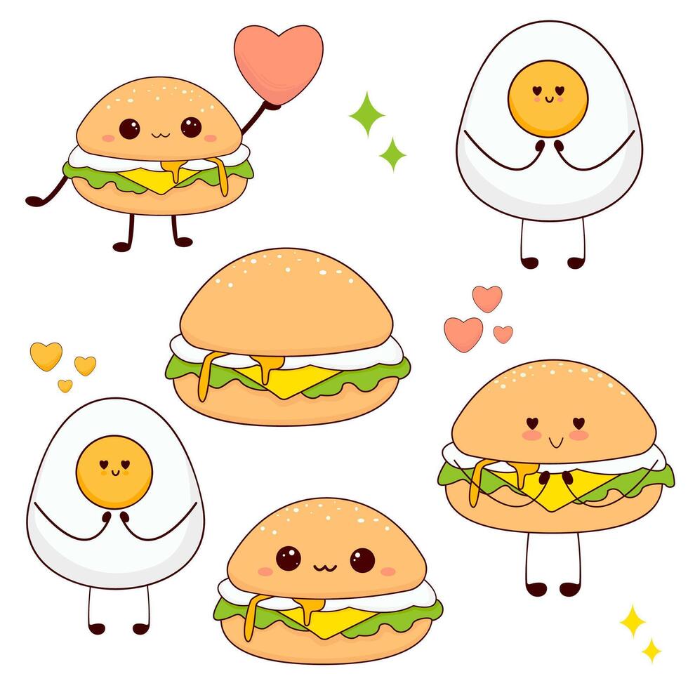 Cute food set. Funny collection of burgers with egg. For posters, postcards, scrapbooking, stickers vector