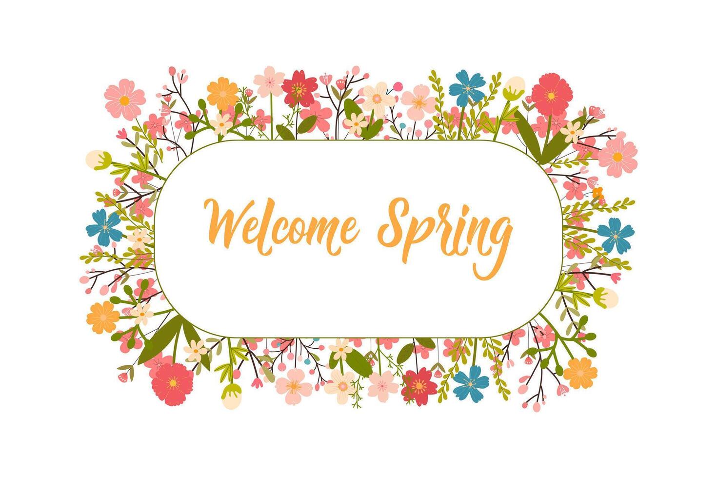 Festive banner frame illustration of spring flowers with the inscription welcome spring vector
