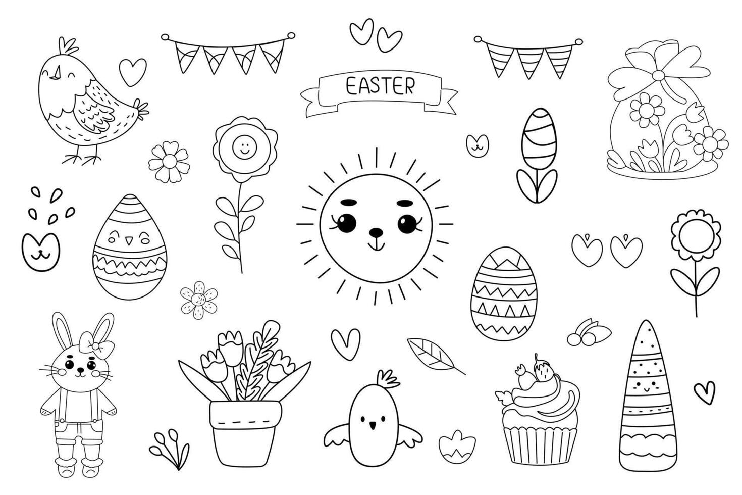 garabatear Pascua de Resurrección linda bolígrafo línea elementos colocar. garabatear sol, pájaro, pollo, bolsa, huevo, primavera flores, fiesta guirnalda símbolo icono colocar. vector