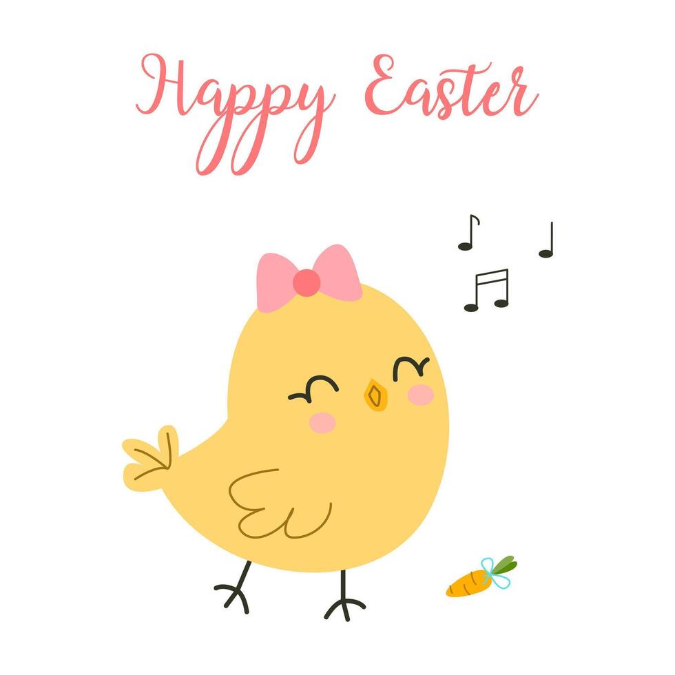 Easter card with an illustration of a cute singing chicken. Illustration icon. Cartoon vector