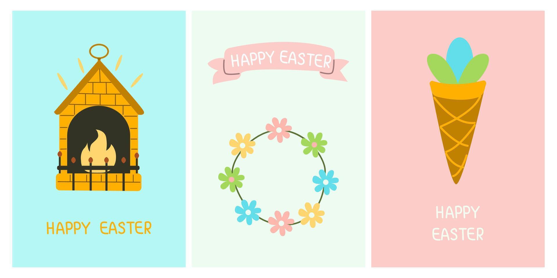 saludo linda tarjetas para el Pascua de Resurrección día festivo. hielo crema, chimenea, guirnalda de flores para carteles, tarjetas, álbum de recortes, pegatinas vector