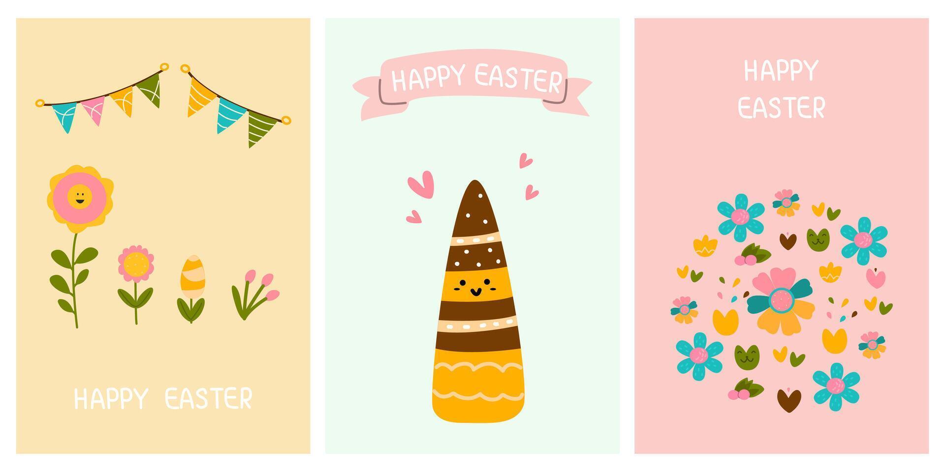 Greeting cute cards for the Easter holiday. Cute carrots, spring cartoon flowers. For posters, postcards, scrapbooking, stickers vector