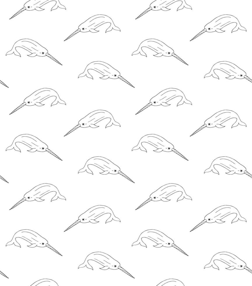 Vector seamless pattern of hand drawn narwhal