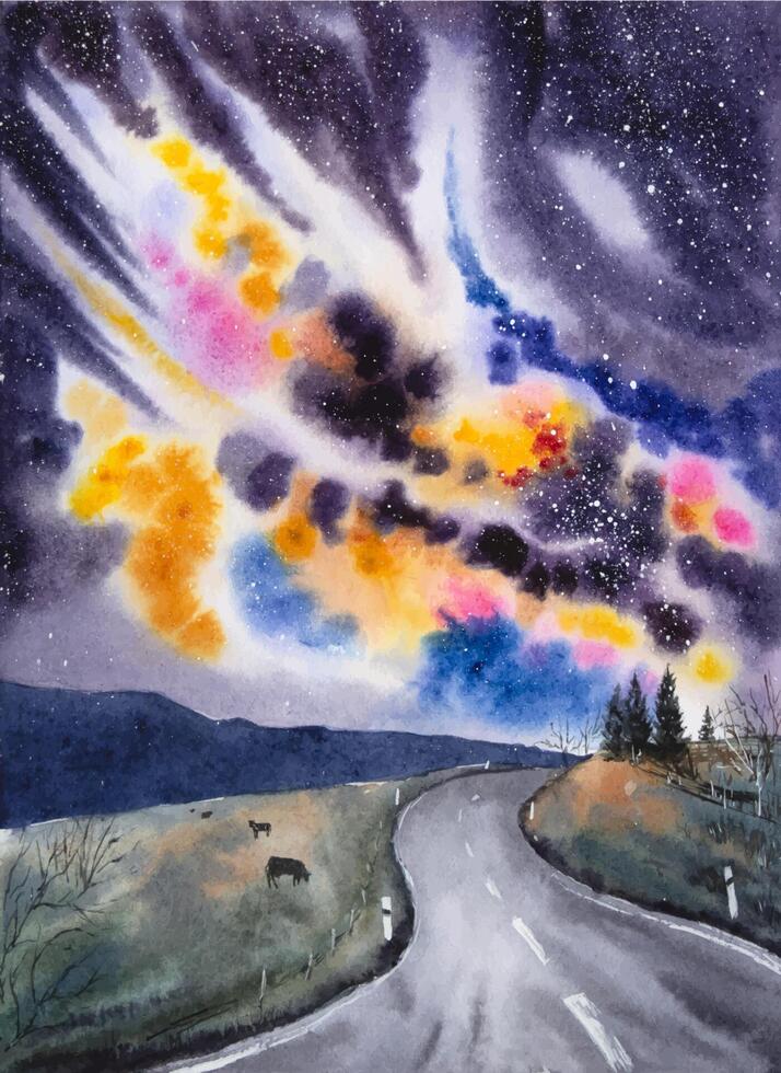 Hand painted watercolor night sky. Watercolor night sky and a road landscape. Watercolor galaxy, starry night. vector