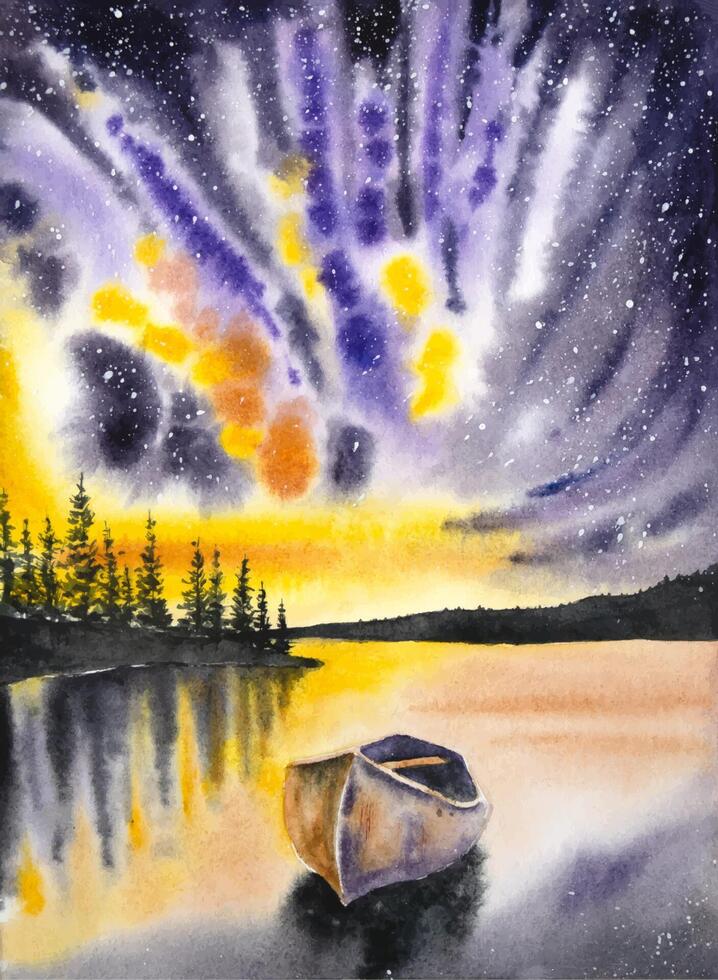 Hand painted watercolor night lake landscape. Watercolor lake landscape with a boat and starry sky. vector