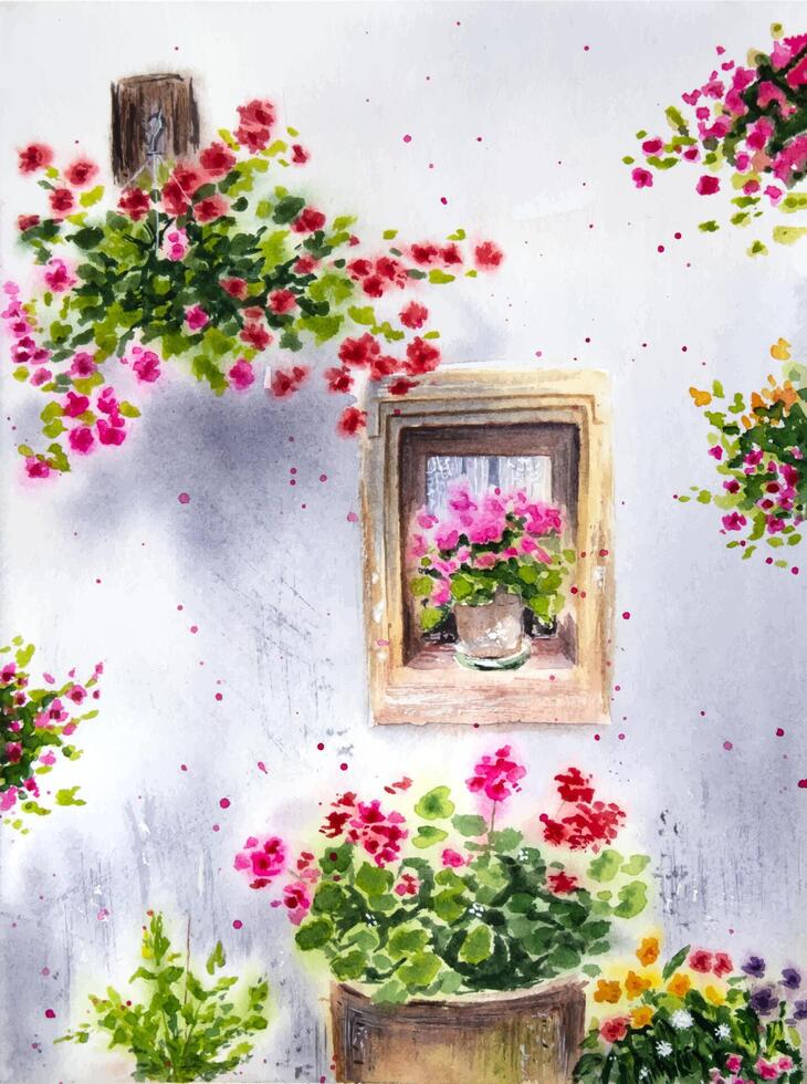 Hand painted watercolor wall with a window and pink flowers. Watercolor building decorated with flowers. vector