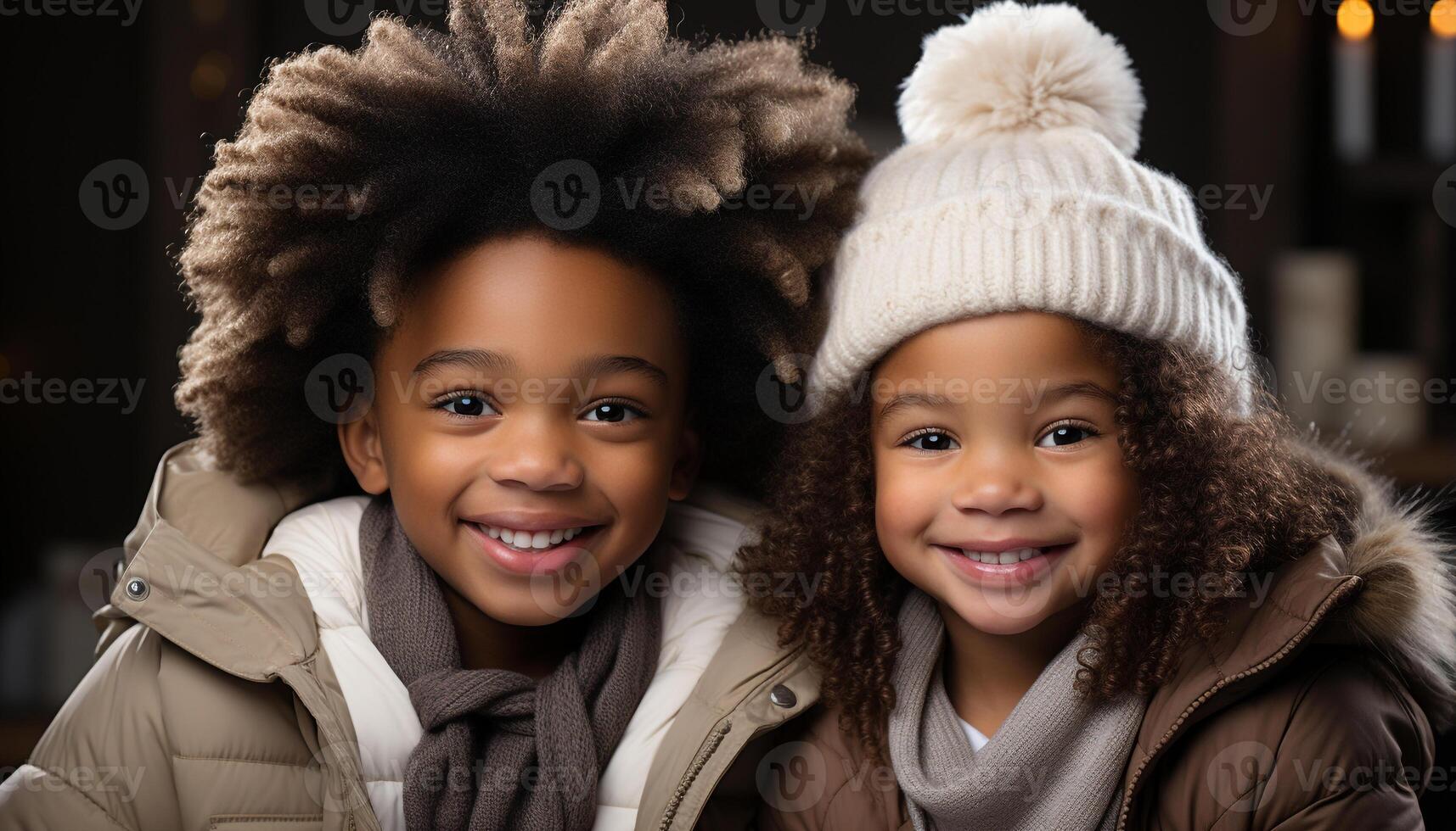 ai generado sonriente africano niño en calentar invierno ropa, mirando a cámara generado por ai foto