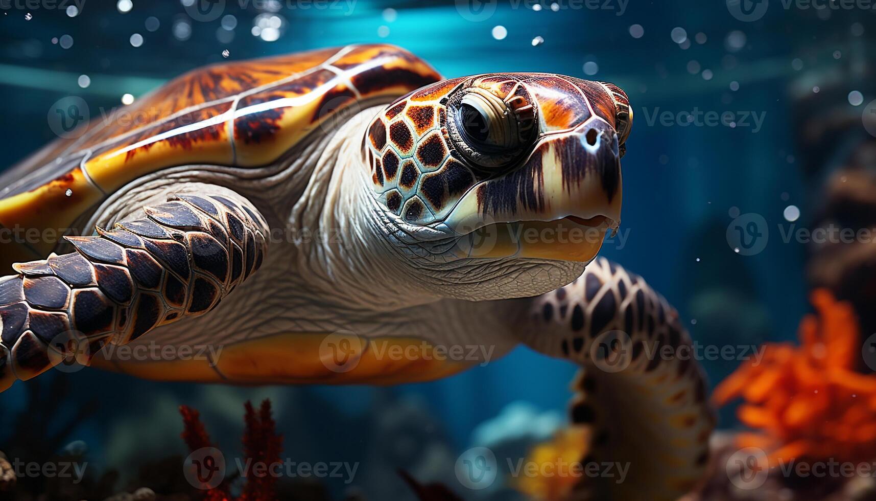 AI generated Close up of a cute turtle swimming in blue water generated by AI photo