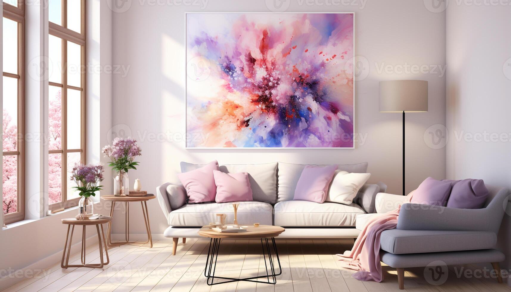 AI generated Modern apartment with comfortable sofa, bright purple pillows, and elegant decorations generated by AI photo