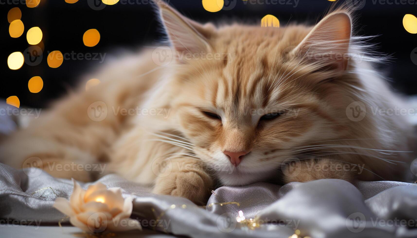 Cute kitten sleeping, fluffy fur, staring with softness and love generated by AI photo