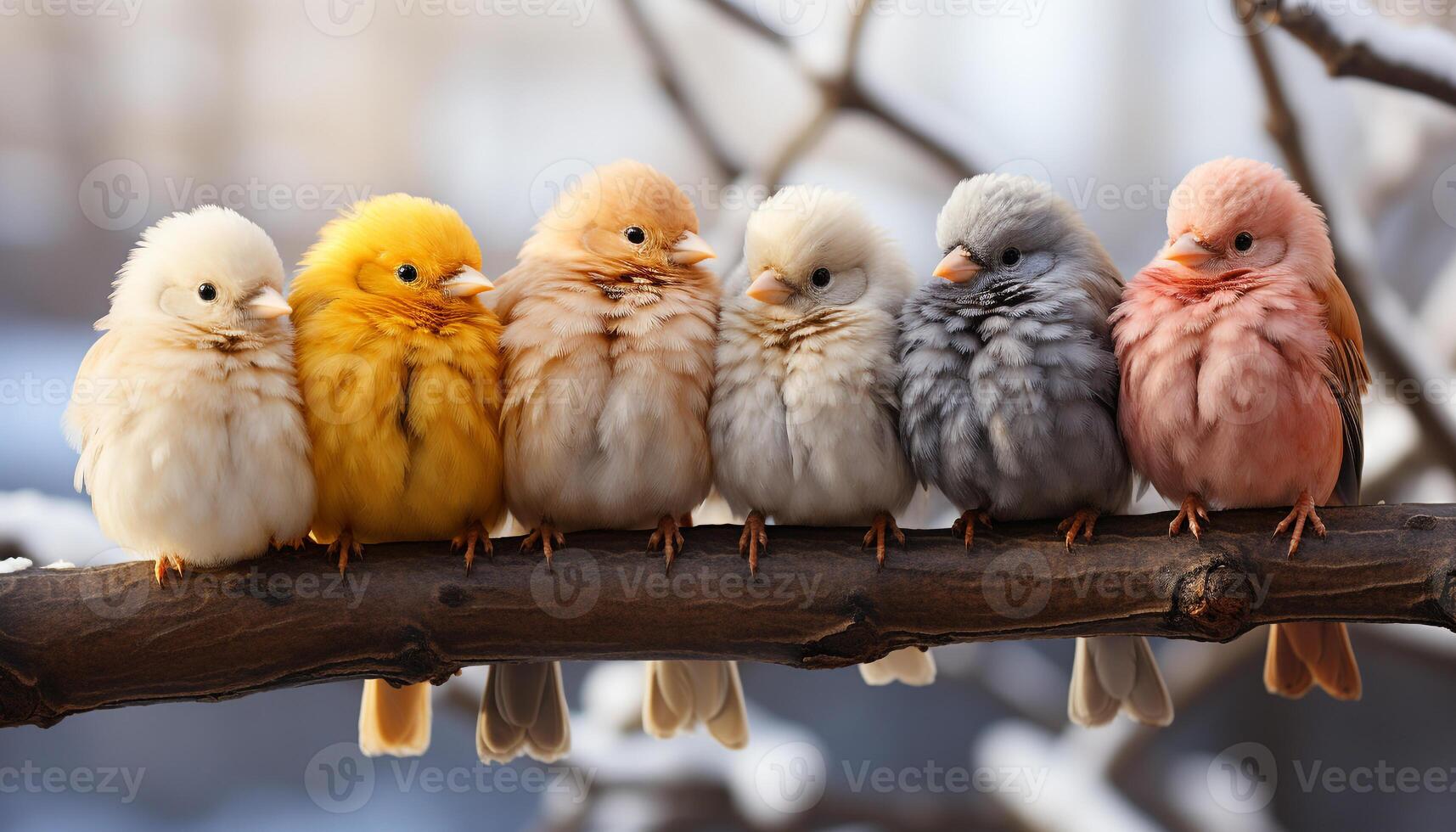Cute yellow baby chicken perching on branch, looking fluffy generated by AI photo