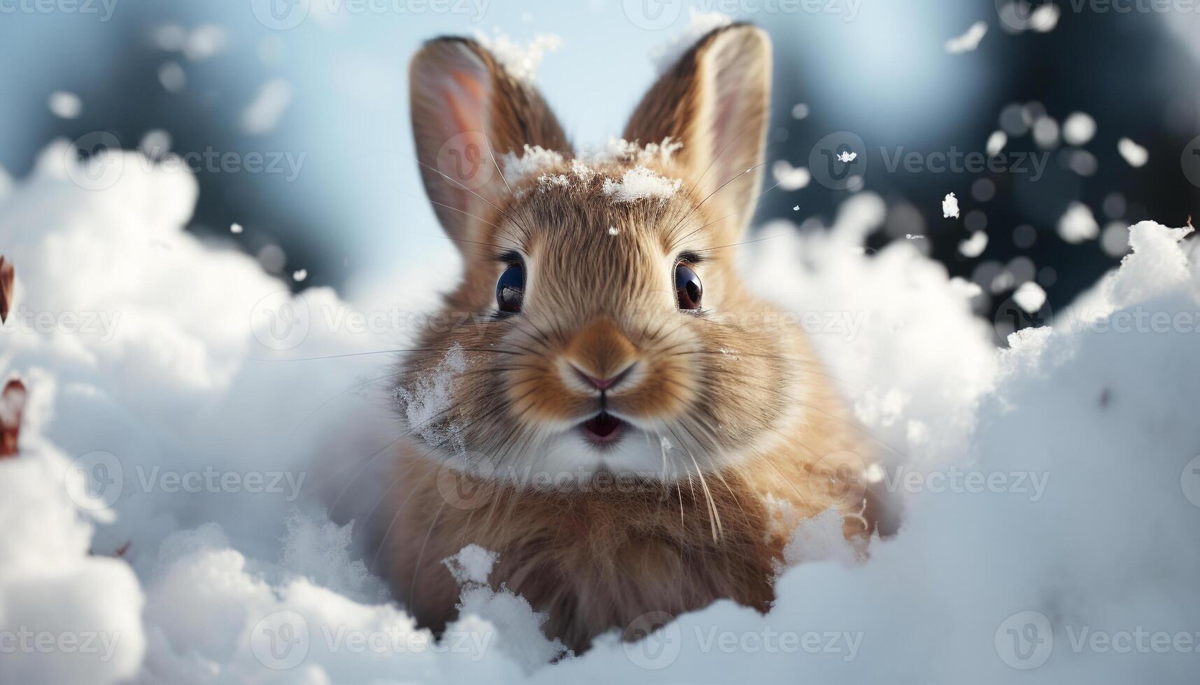 AI generated Cute fluffy rabbit sits in snow, enjoying winter outdoors generated by AI photo