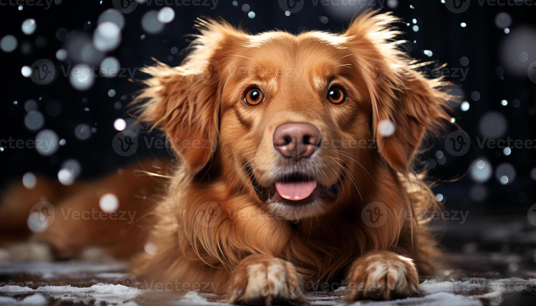 AI generated Cute puppy sitting in snow, looking at camera, wet fur generated by AI photo