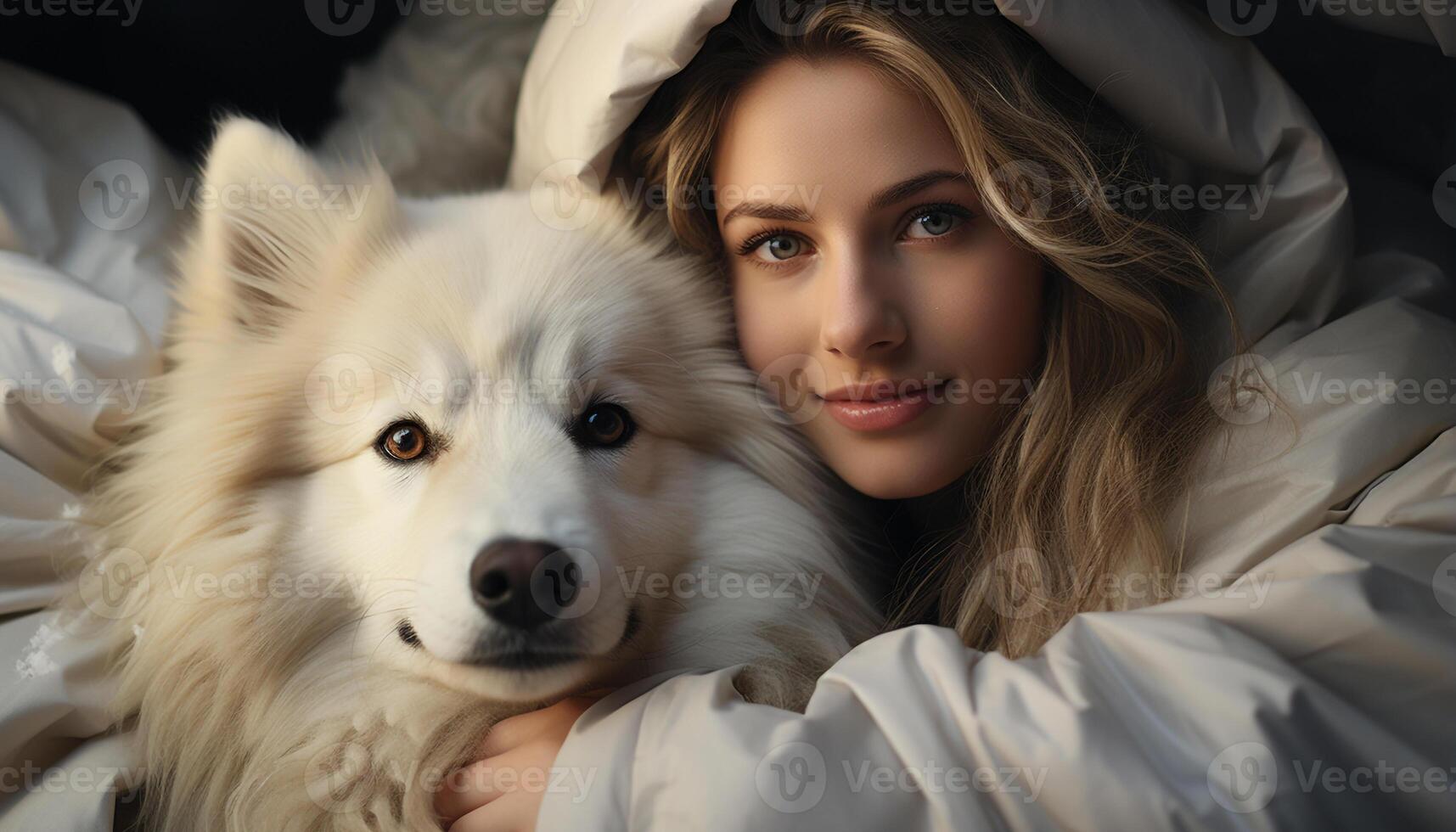A cute puppy and woman smiling, purebred dog looking at camera generated by AI photo