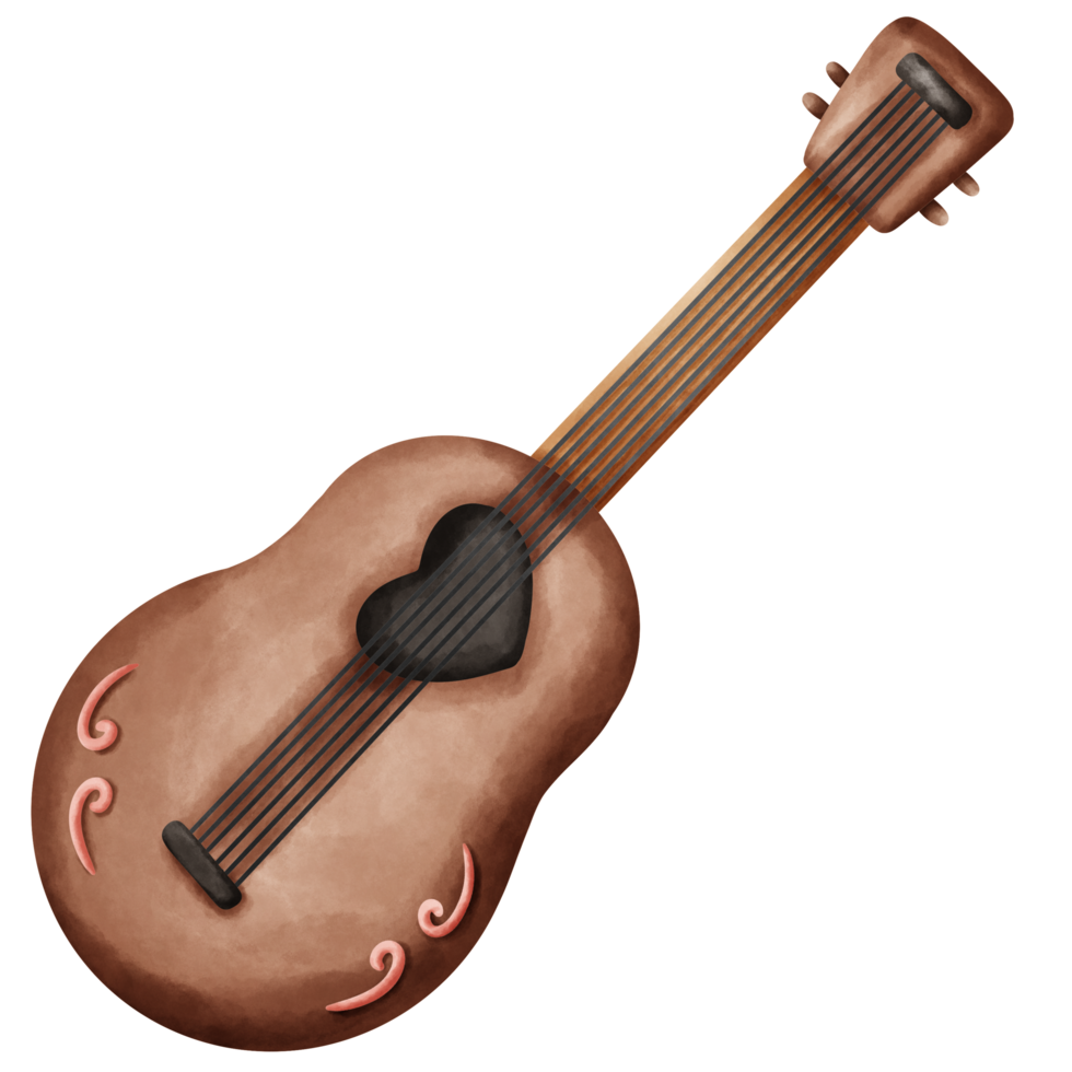 Cute brown guitar with heart shape in watercolor style png