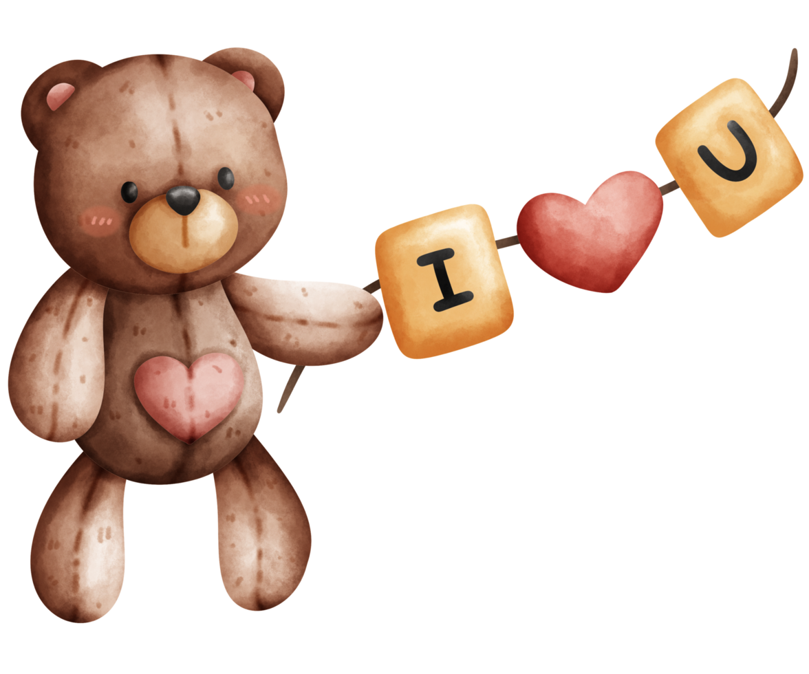 Cute brown teddy bear with heart and word I love you in watercolor style png
