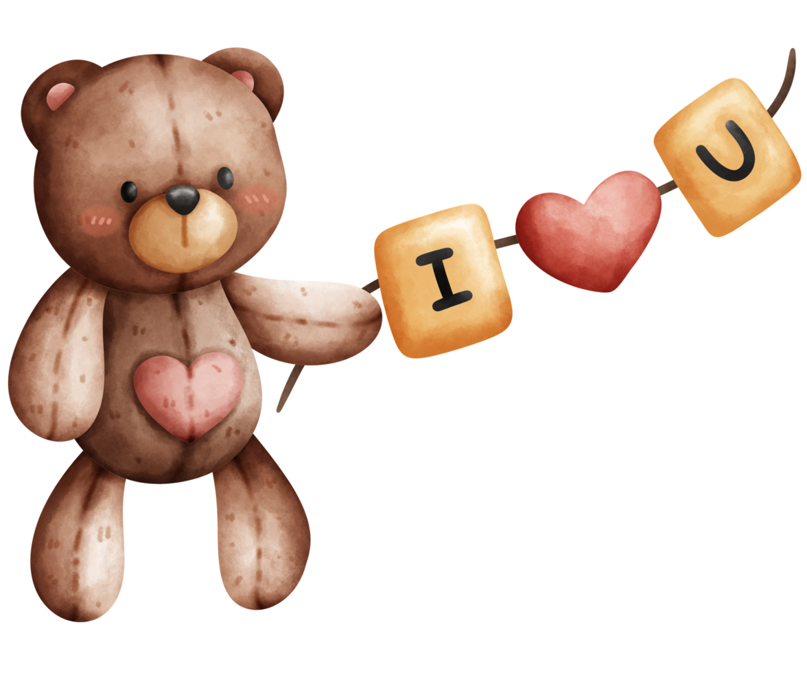 süß braun Teddy Bär mit Herz und Wort ich Liebe Sie im Aquarell Stil png