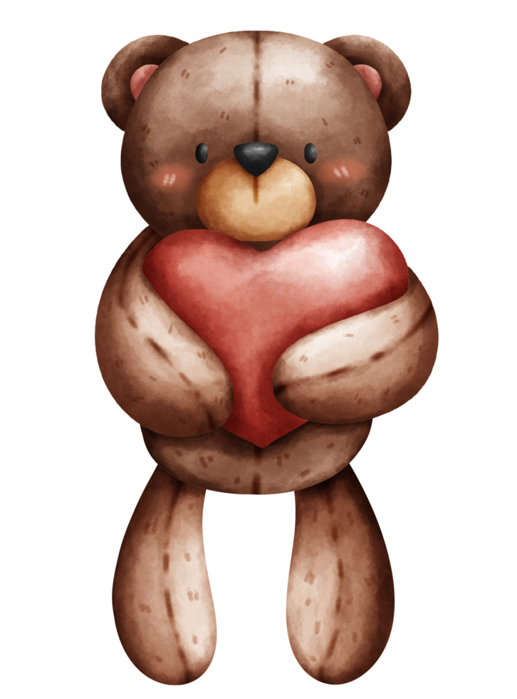 Cute and cuddly teddy bear doll standing hug heart in watercolor style png