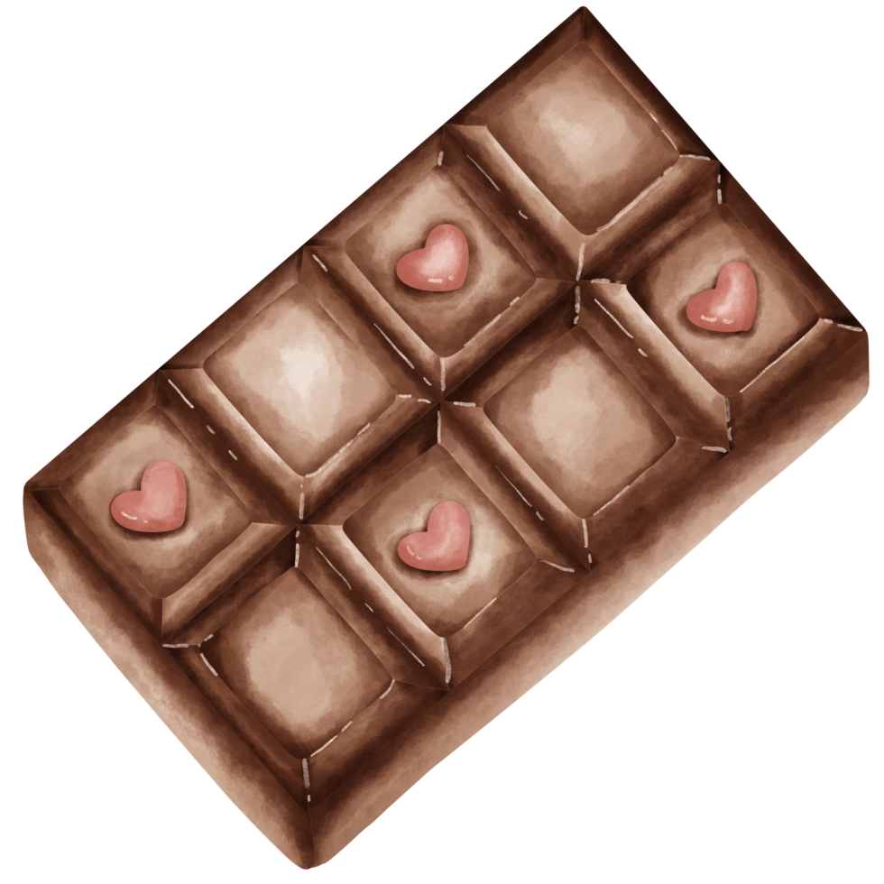 A piece of cute chocolate bar with heart shape in watercolor style png